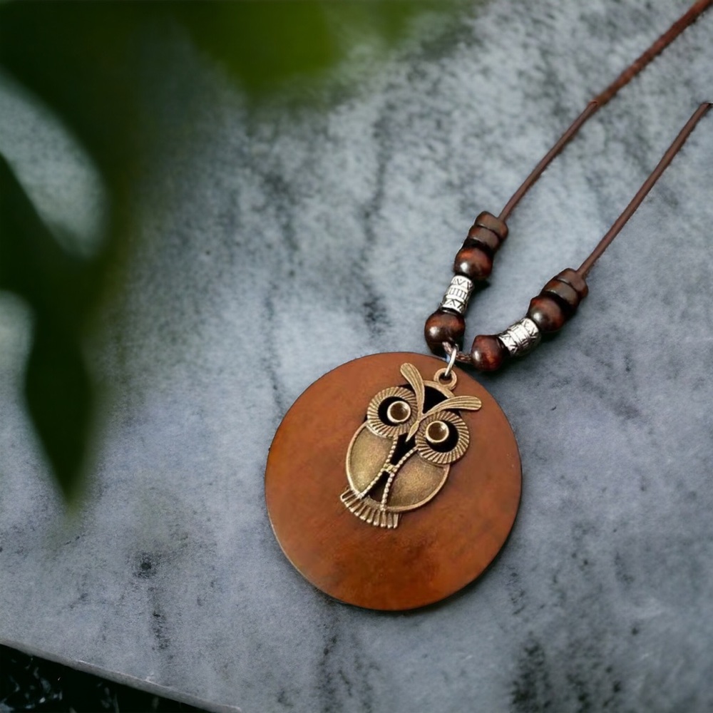 1pc Retro Owl Linen Accessories Ethnic Style Wooden‎ Alloy Sweater Necklace